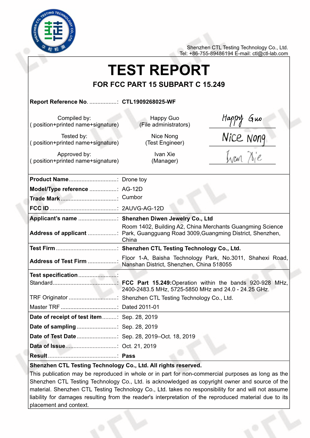 Test Report for Fcc Part 15 Subpart C 15.249