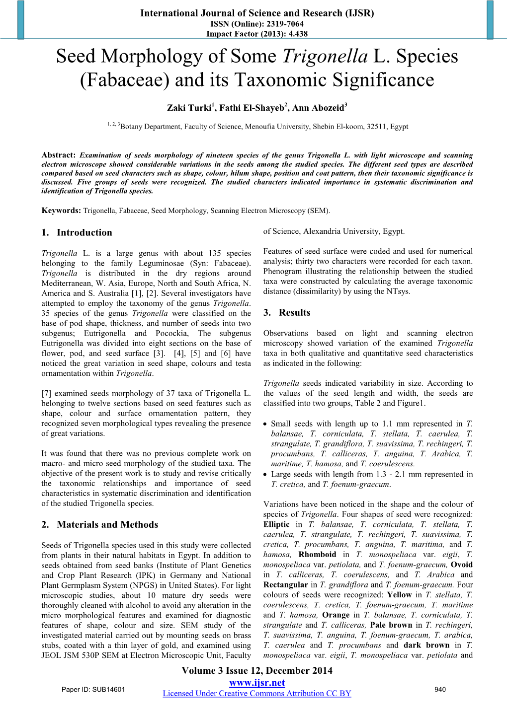 Seed Morphology of Some Trigonella L. Species (Fabaceae) and Its Taxonomic Significance