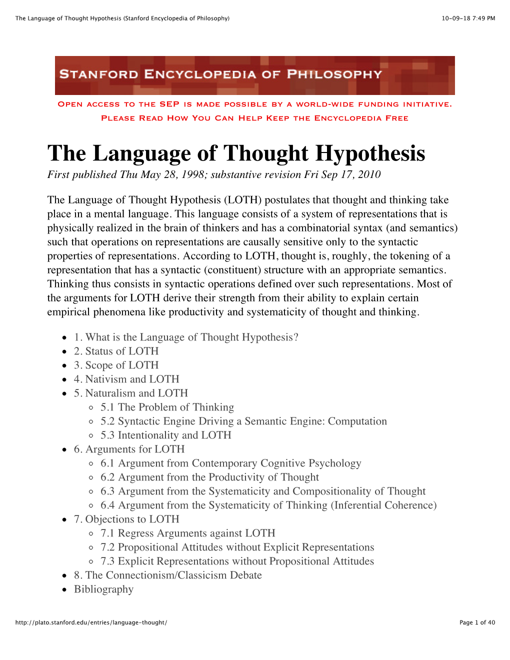 The Language of Thought Hypothesis (Stanford Encyclopedia of Philosophy) 10-09-18 7:49 PM