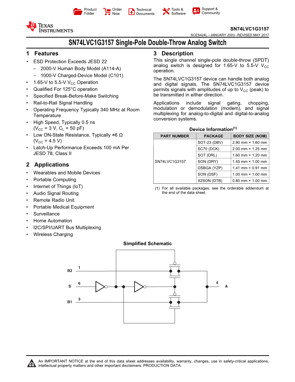 SN74LVC1G3157 Single-Pole Double-Throw Analog Switch Datasheet