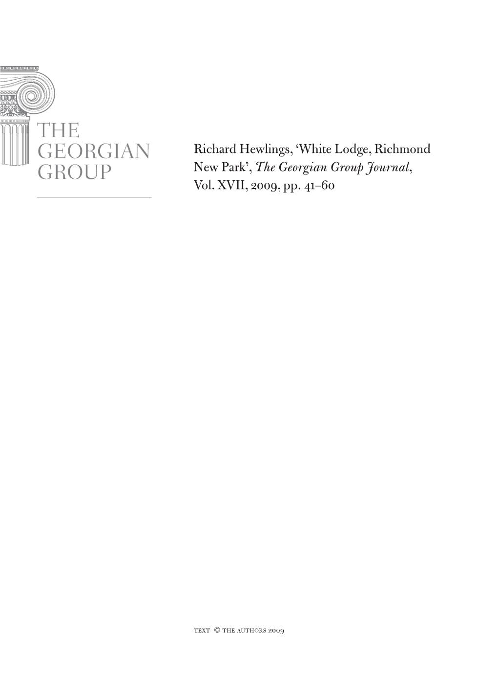 White Lodge, Richmond New Park’, the Georgian Group Journal, Vol