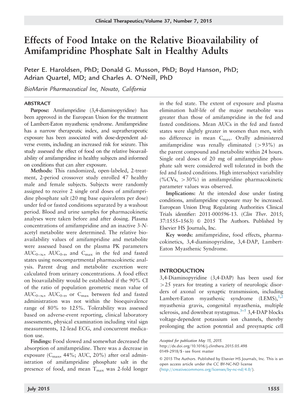 Effects of Food Intake on the Relative Bioavailability of Amifampridine Phosphate Salt in Healthy Adults