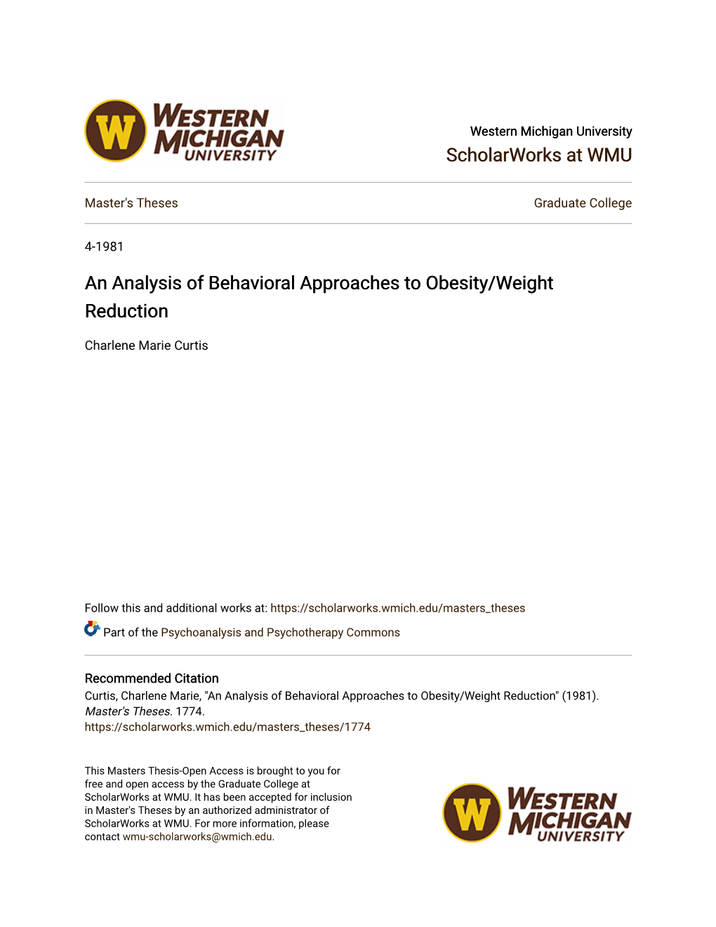 An Analysis of Behavioral Approaches to Obesity/Weight Reduction