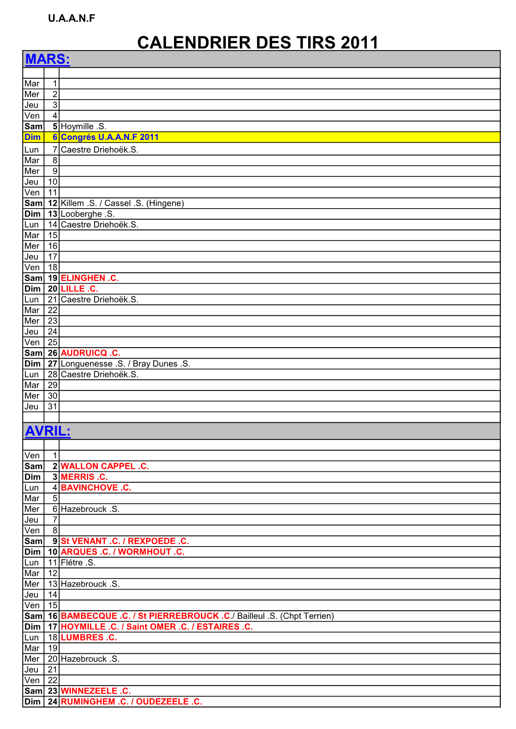 Calendrier 2011