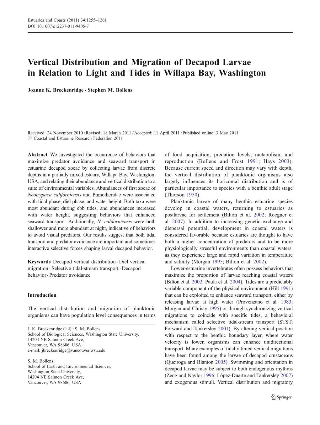 Vertical Distribution and Migration of Decapod Larvae in Relation to Light and Tides in Willapa Bay, Washington