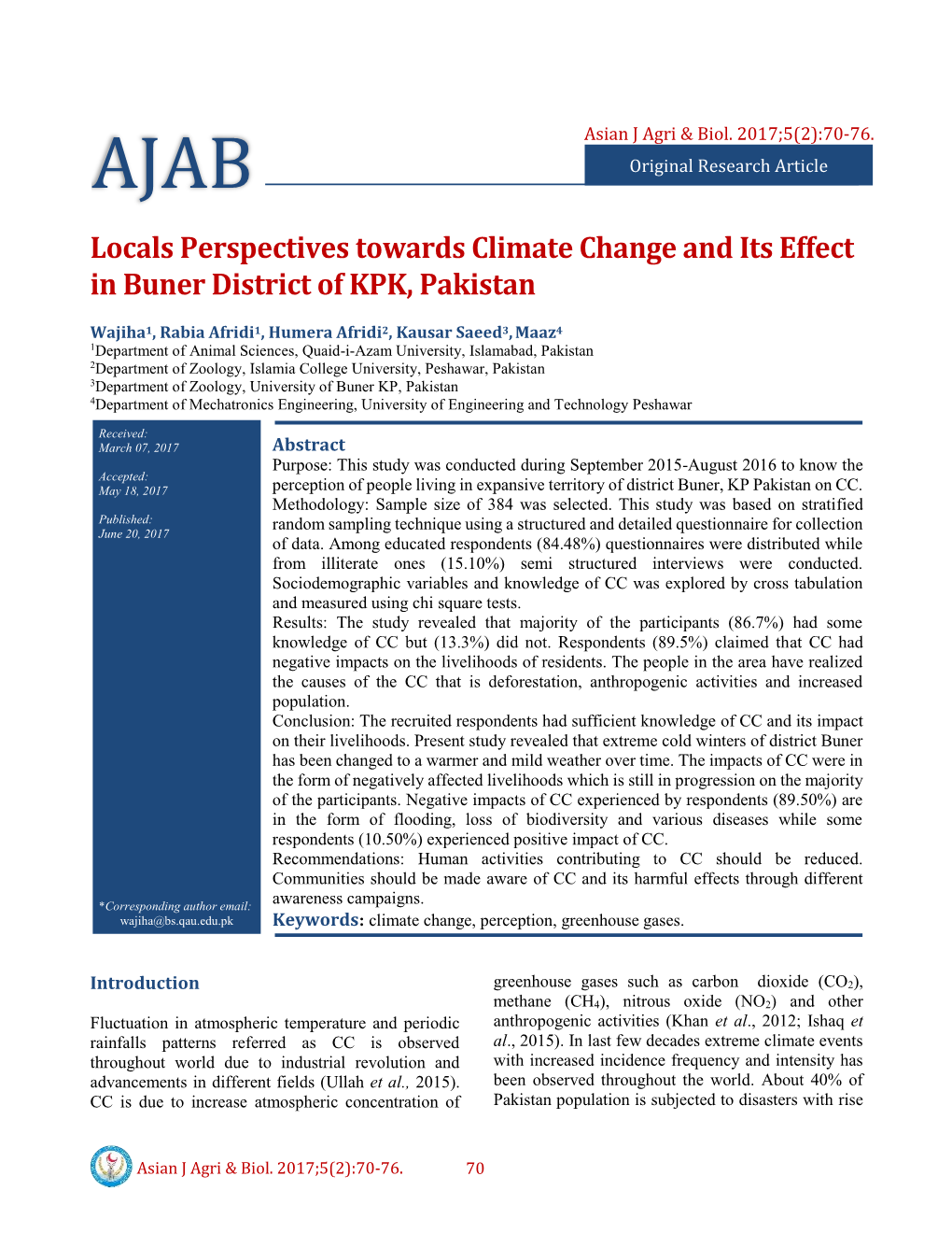 Locals Perspectives Towards Climate Change and Its Effect in Buner District of KPK, Pakistan