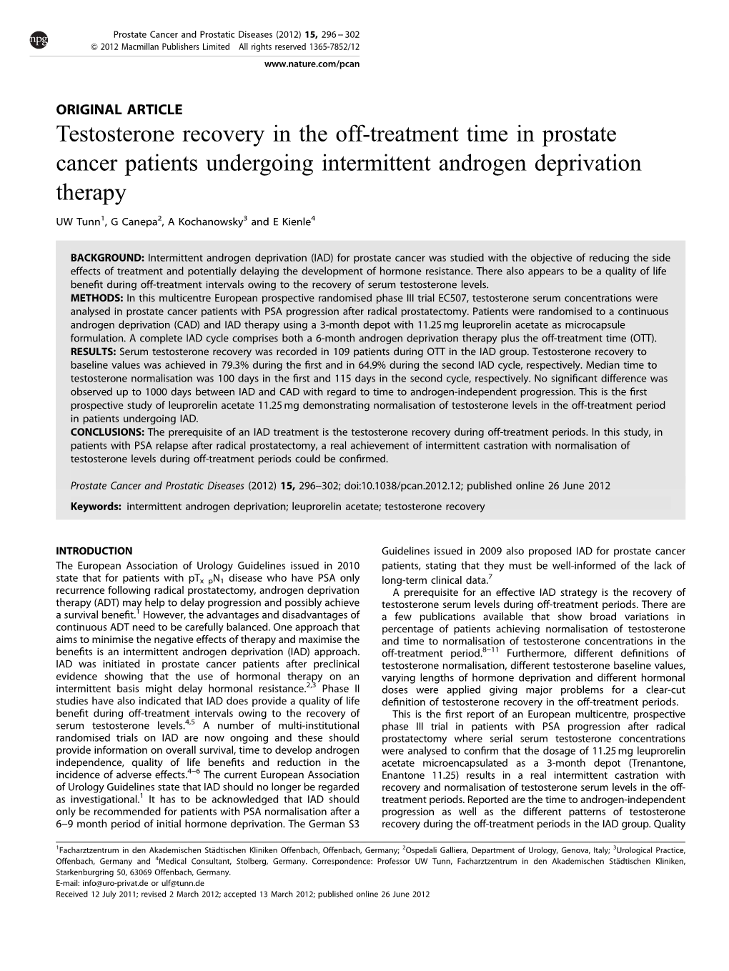 Testosterone Recovery in the Off-Treatment Time in Prostate Cancer Patients Undergoing Intermittent Androgen Deprivation Therapy