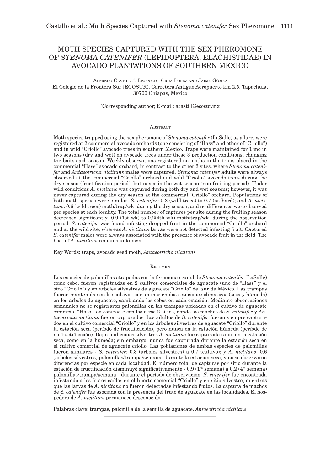 Moth Species Captured with the Sex Pheromone of Stenoma Catenifer (Lepidoptera: Elachistidae) in Avocado Plantations of Southern Mexico