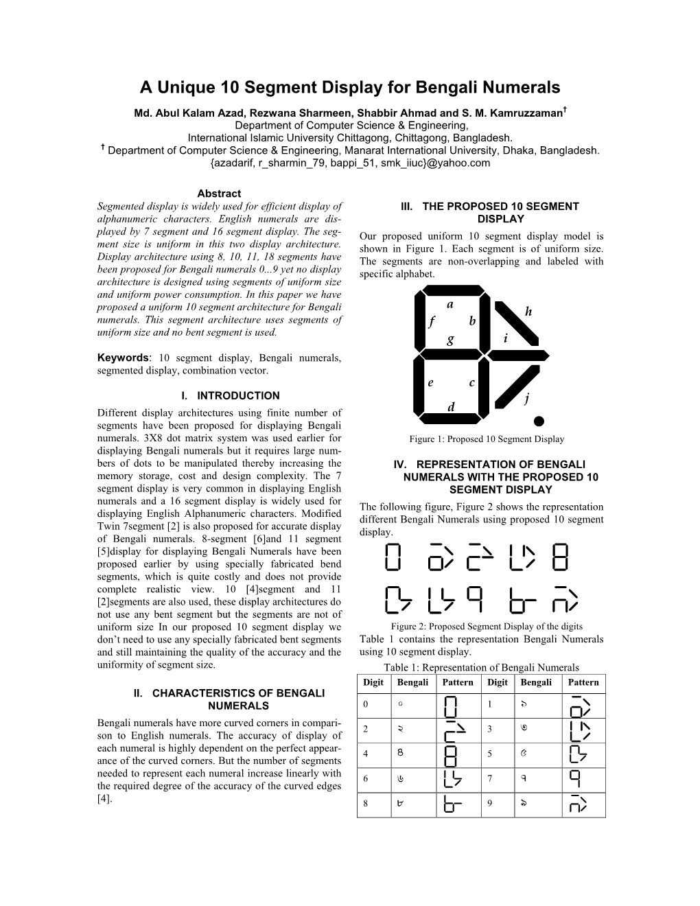 A Unique 10 Segment Display for Bengali Numerals