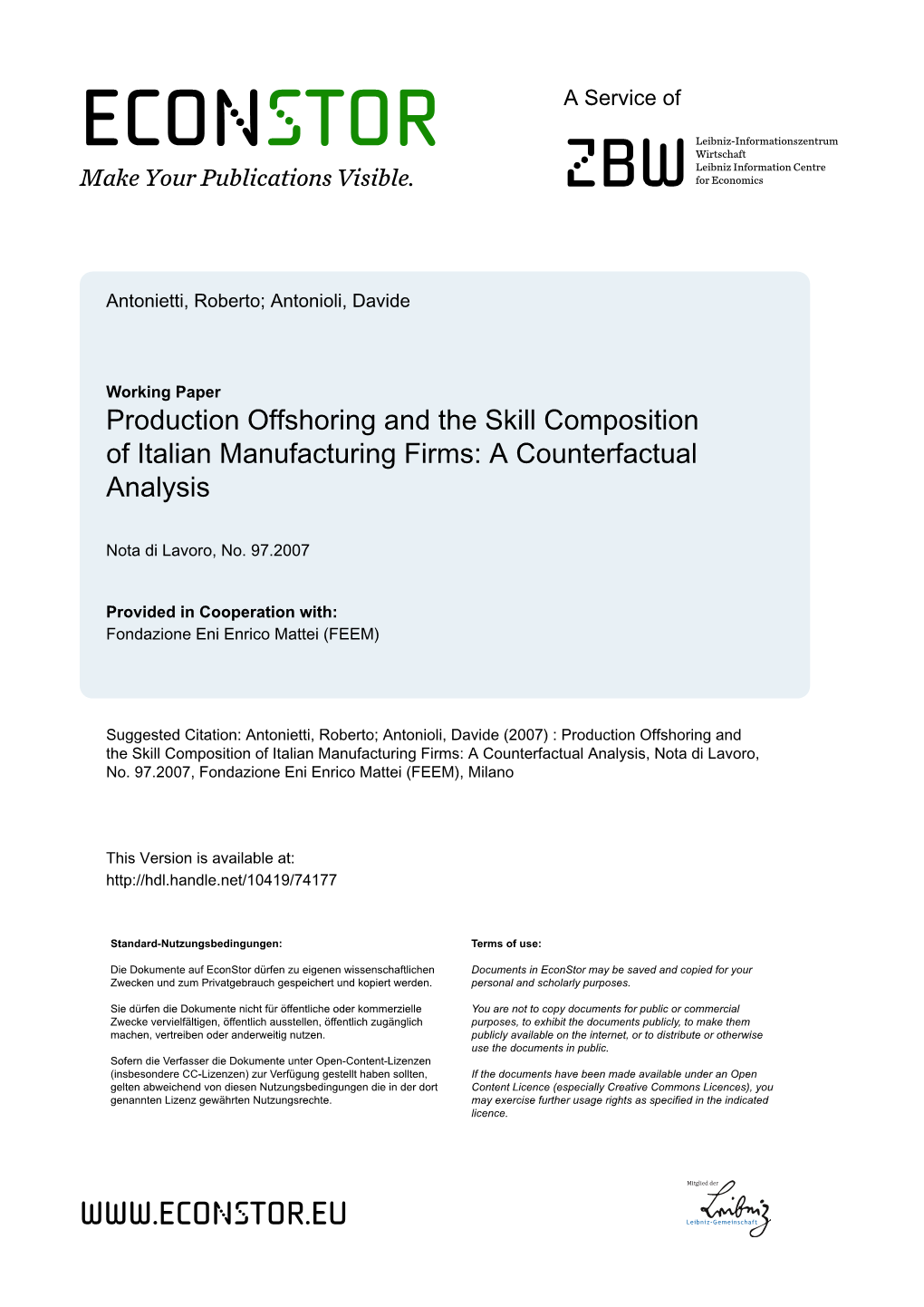 Production Offshoring and the Skill Composition of Italian Manufacturing Firms: a Counterfactual Analysis