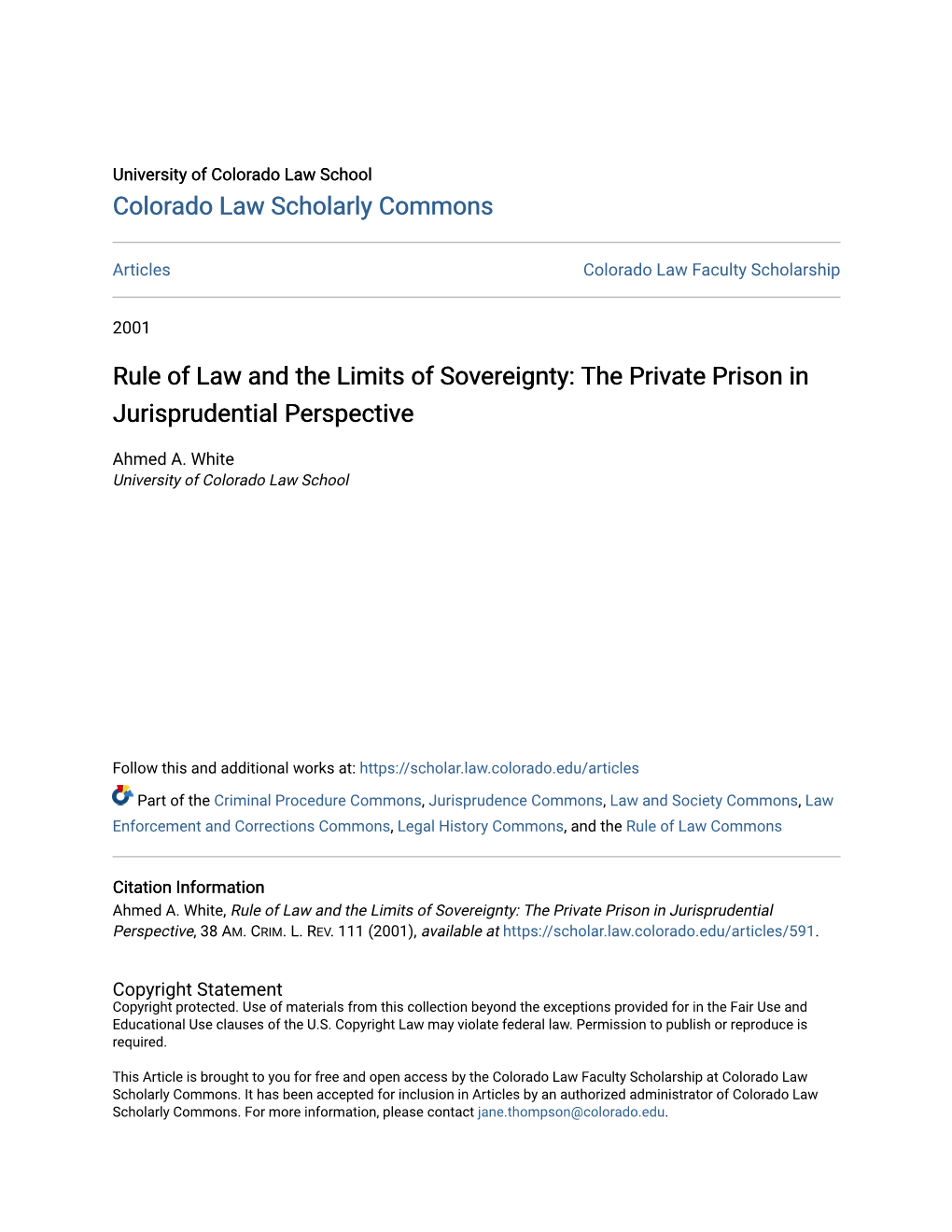 Rule of Law and the Limits of Sovereignty: the Private Prison in Jurisprudential Perspective