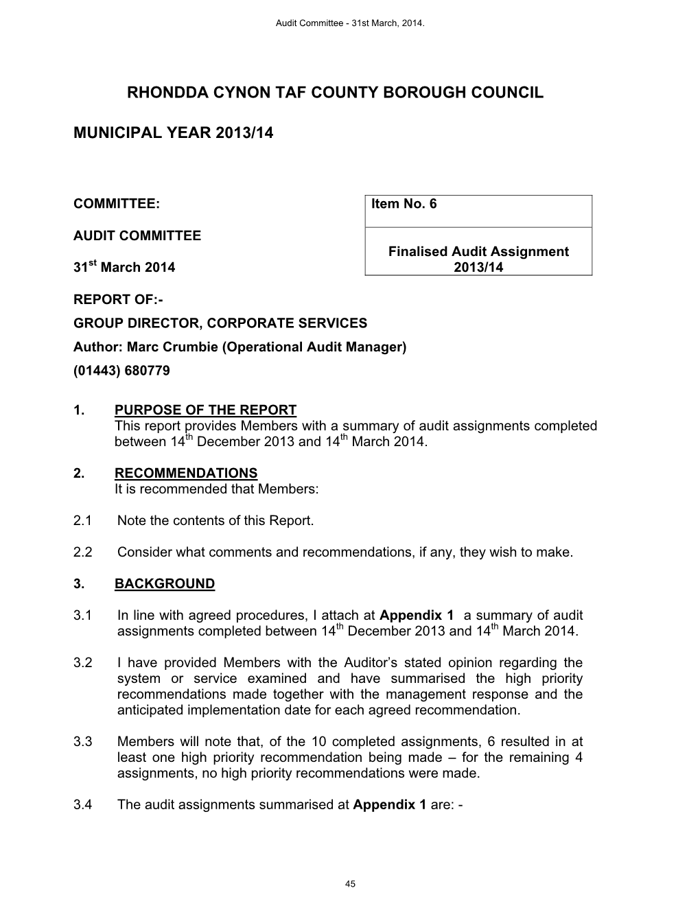 Item6 Finalised Audit Assignments