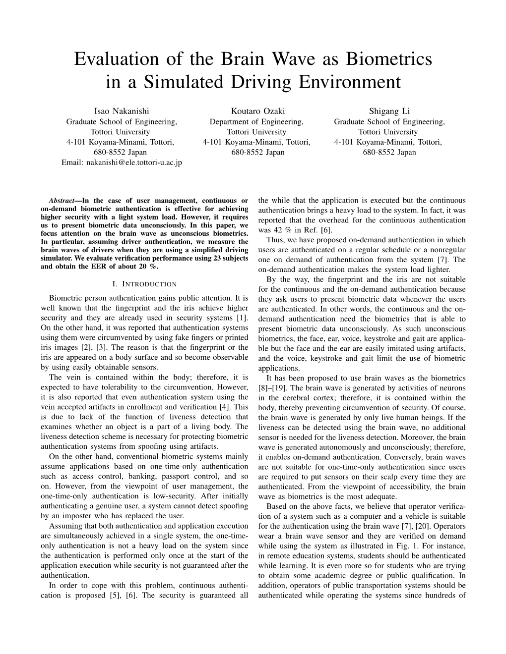 Evaluation of the Brain Wave As Biometrics in a Simulated Driving Environment