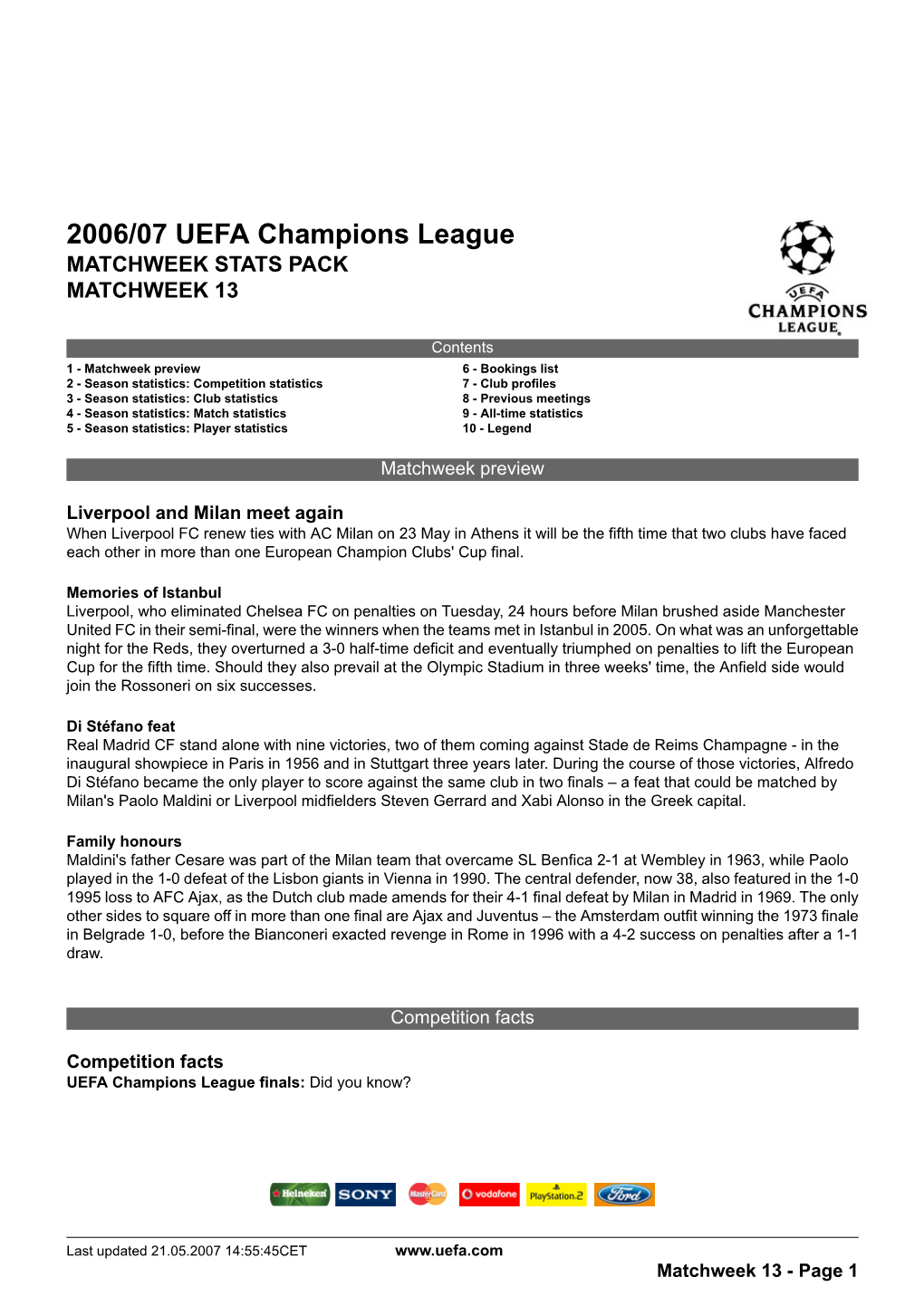 2006/07 UEFA Champions League MATCHWEEK STATS PACK MATCHWEEK 13