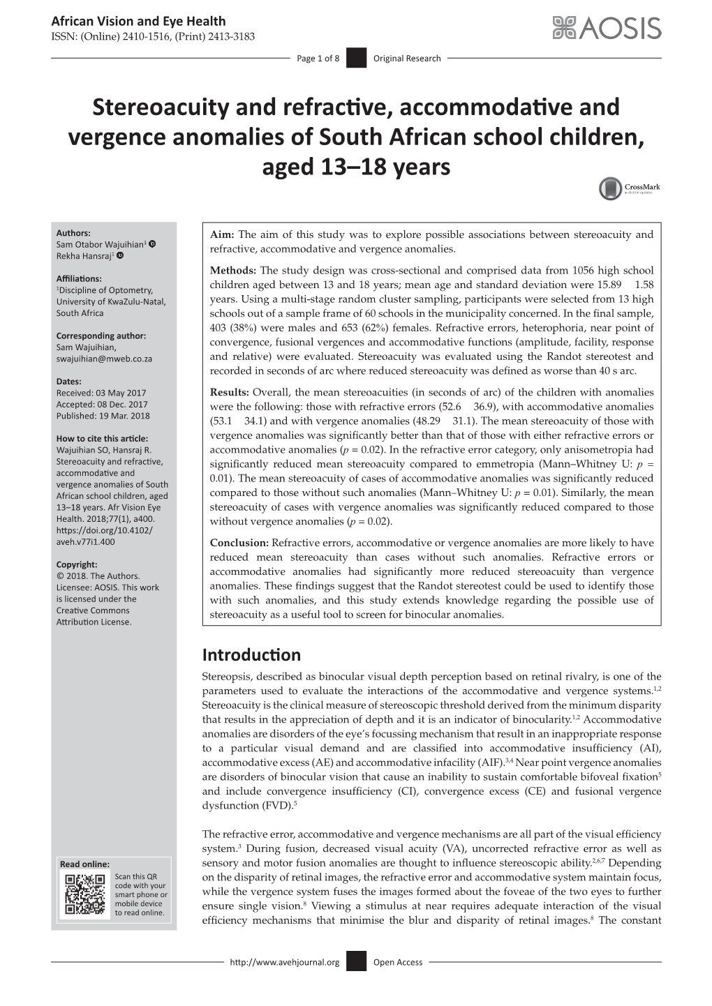 Stereoacuity and Refractive, Accommodative and Vergence Anomalies of South African School Children, Aged 13–18 Years