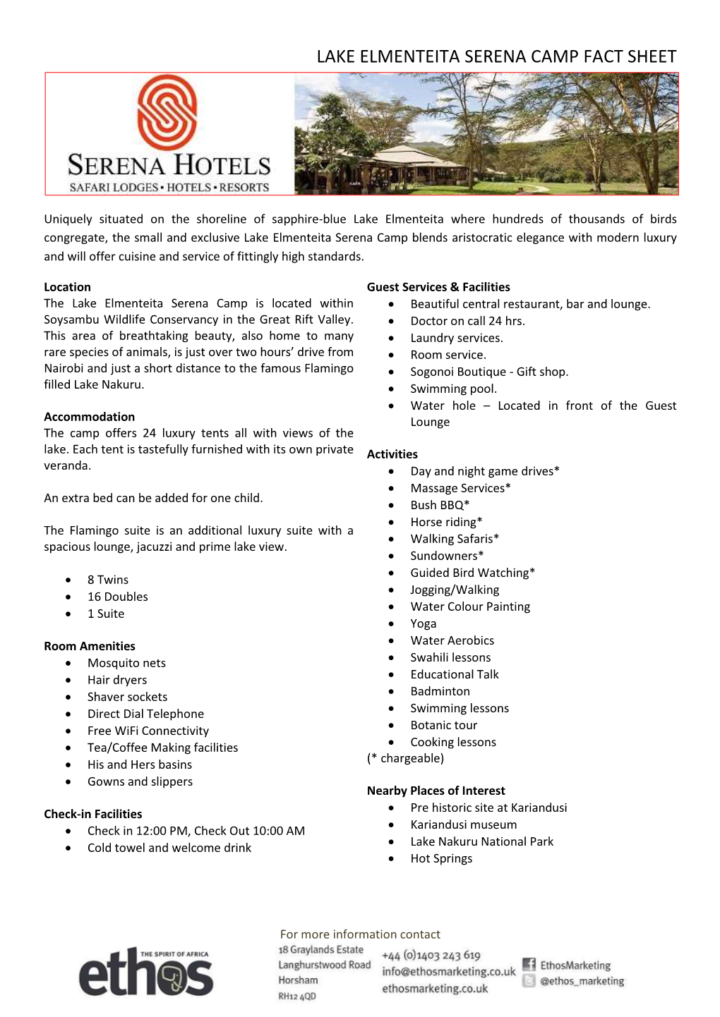 Lake Elmenteita Serena Camp Fact Sheet