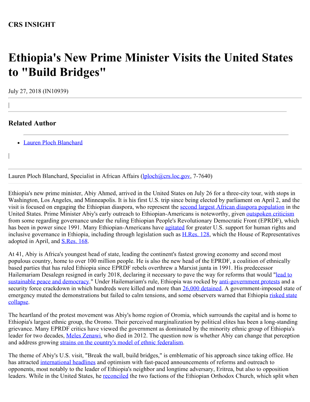 Ethiopia's New Prime Minister Visits the United States to 