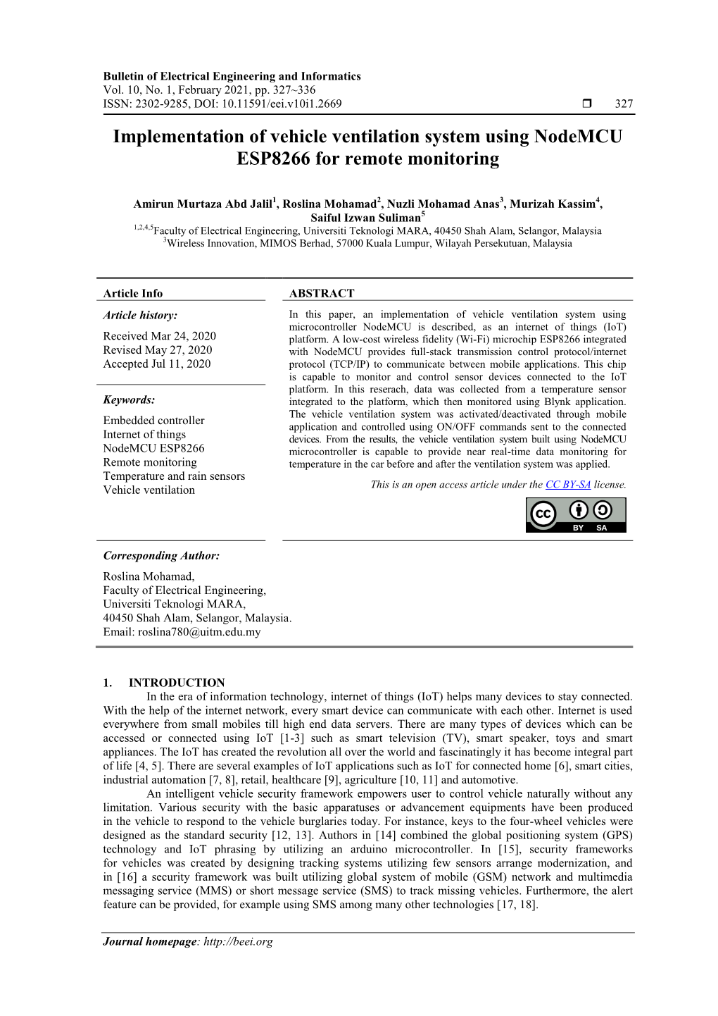 Implementation of Vehicle Ventilation System Using Nodemcu ESP8266 for Remote Monitoring