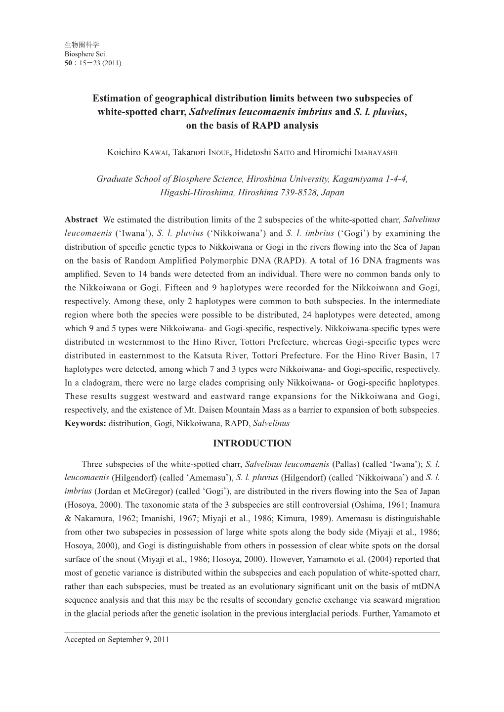 White-Spotted Charr, Salvelinus Leucomaenis Imbrius and S. L. Pluvius, on the Basis of RAPD Analysis