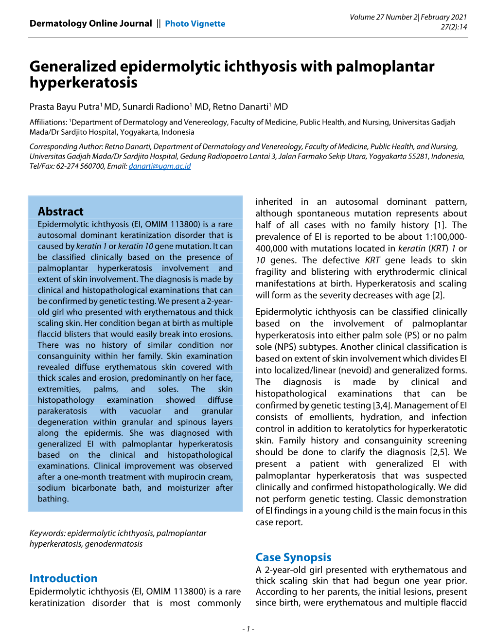 Generalized Epidermolytic Ichthyosis with Palmoplantar Hyperkeratosis