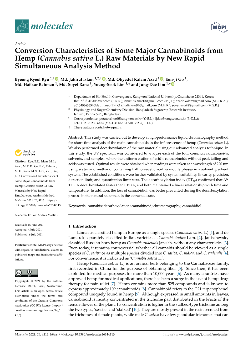 Conversion Characteristics of Some Major Cannabinoids from Hemp (Cannabis Sativa L.) Raw Materials by New Rapid Simultaneous Analysis Method