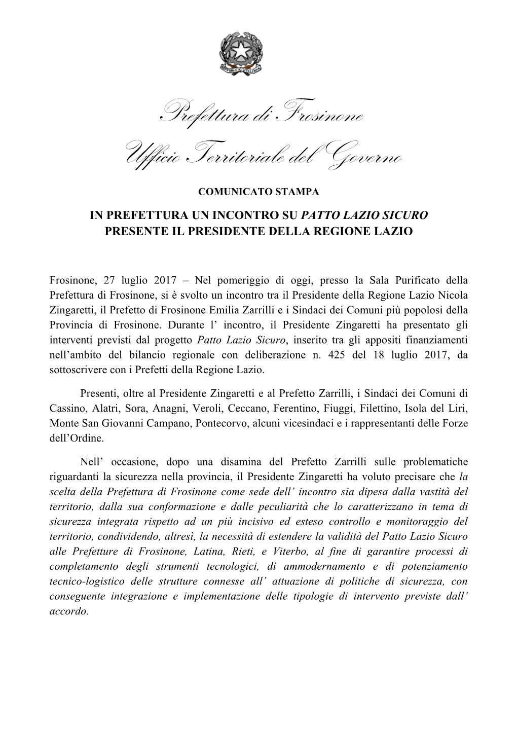 Prefettura Di Frosinone Ufficio Territoriale Del Governo