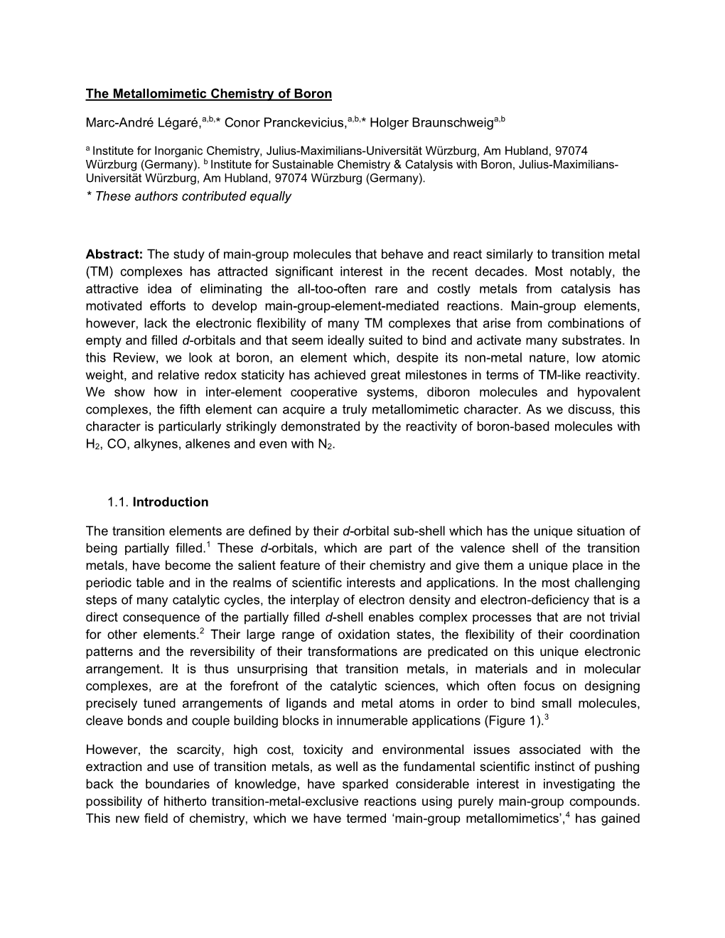 The Metallomimetic Chemistry of Boron Marc-André Légaré,A,B