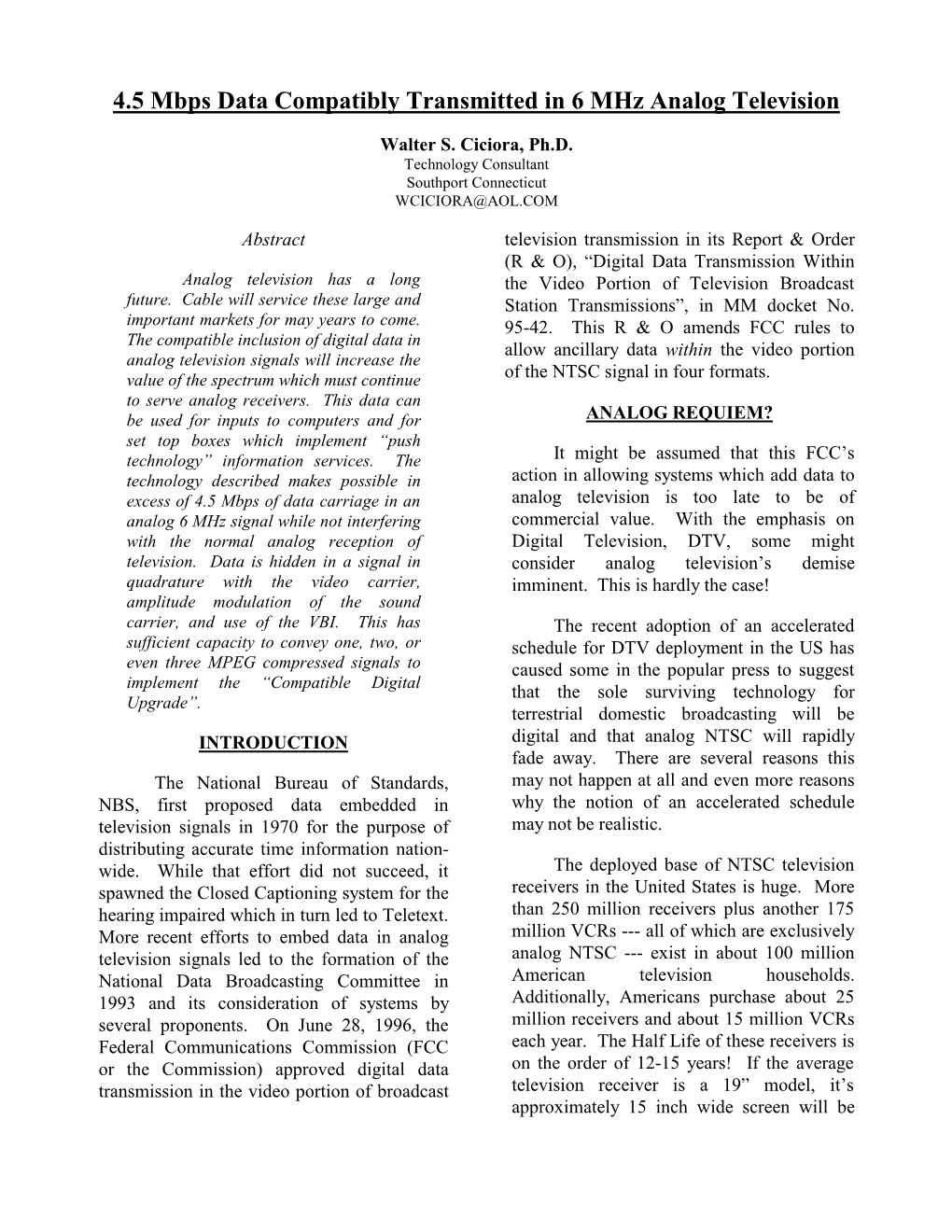 4.5 Mbps Data Compatibly Transmitted in 6 Mhz Analog Television