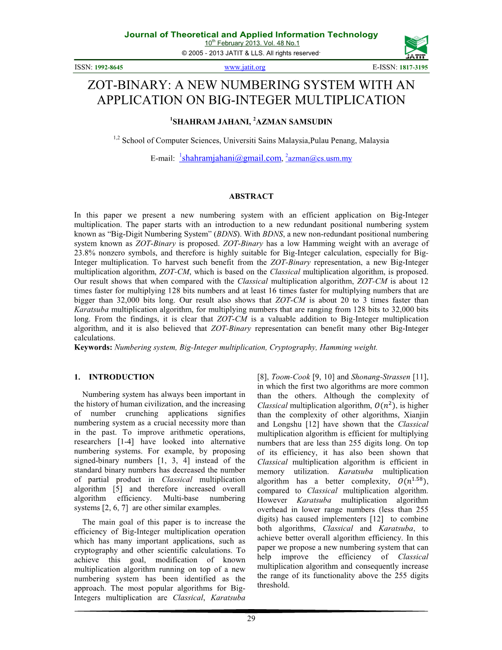 Zot-Binary: a New Numbering System with an Application on Big-Integer Multiplication