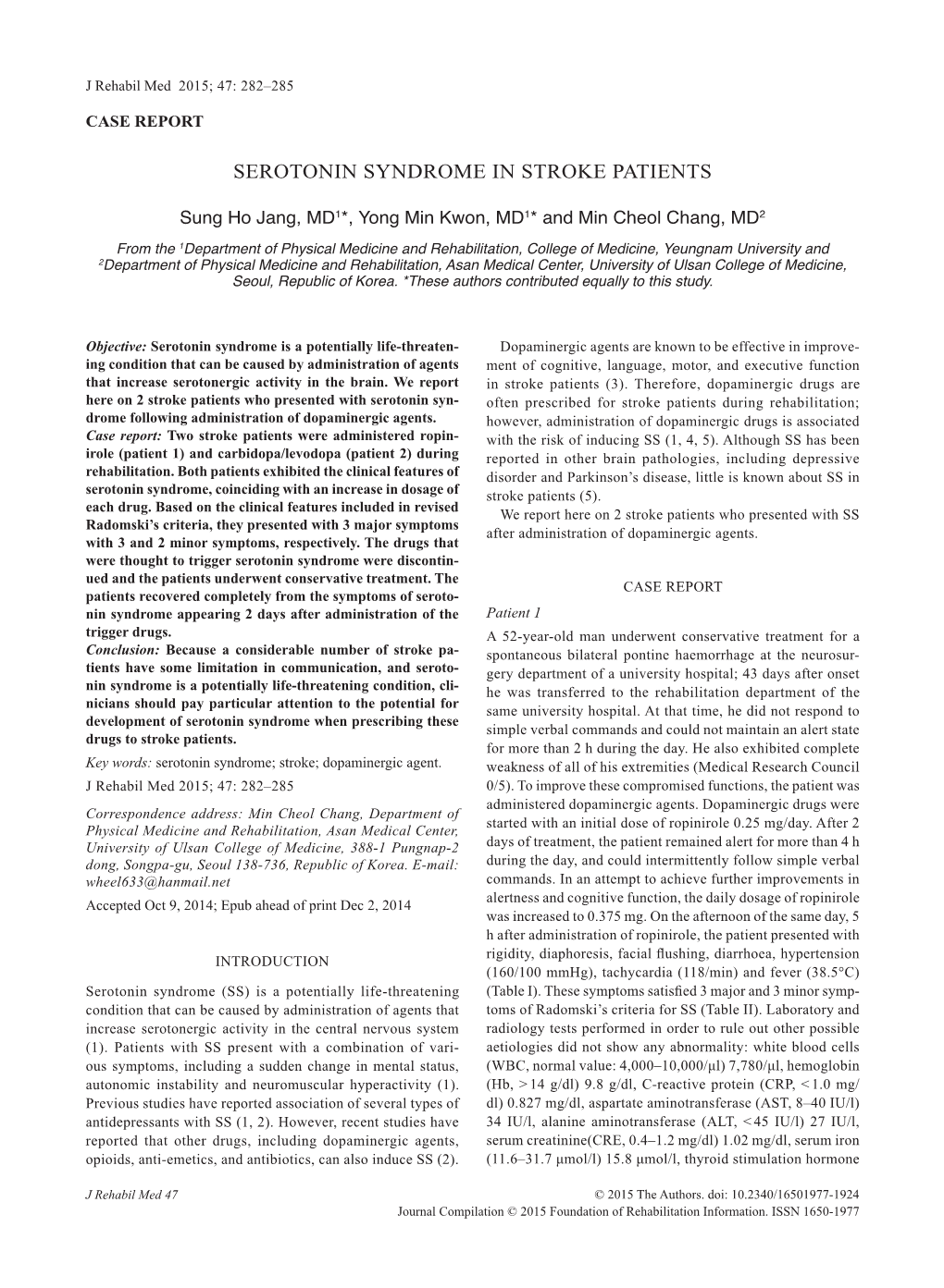 Serotonin Syndrome in Stroke Patients