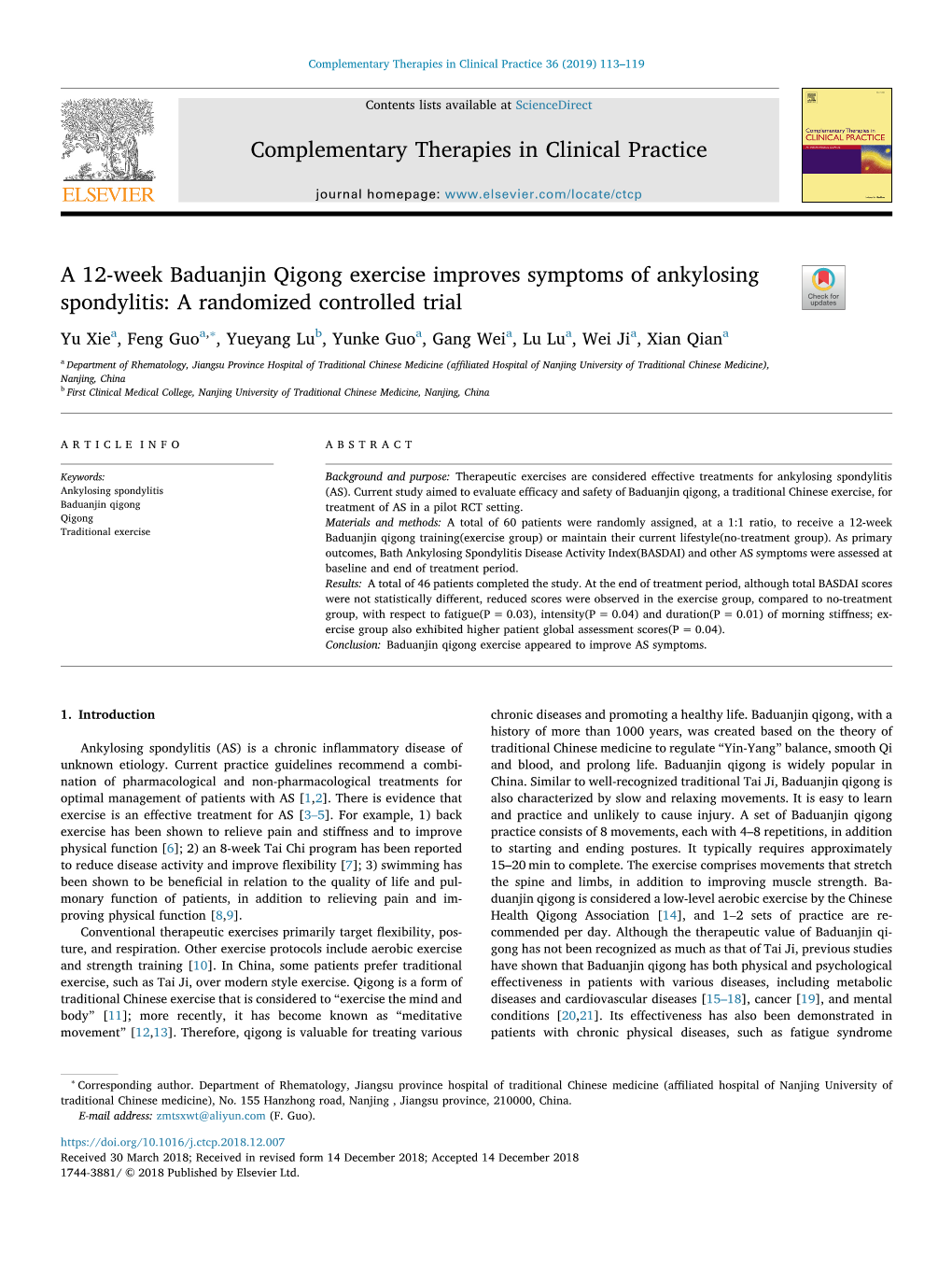 A 12-Week Baduanjin Qigong Exercise Improves Symptoms of Ankylosing Spondylitis: a Randomized Controlled Trial T