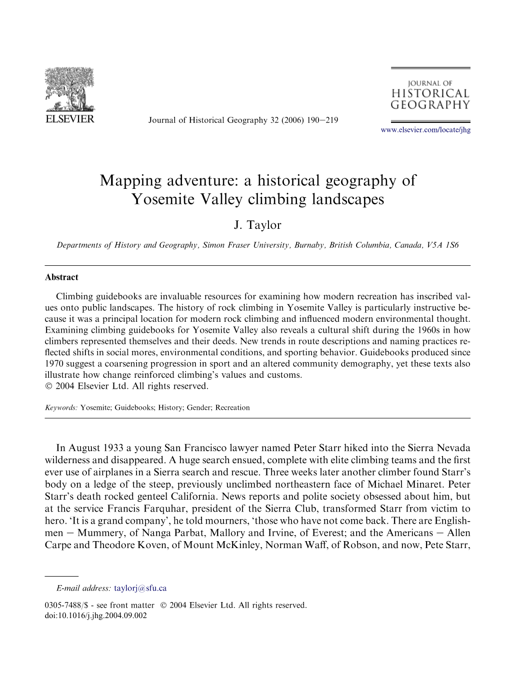 A Historical Geography of Yosemite Valley Climbing Landscapes J