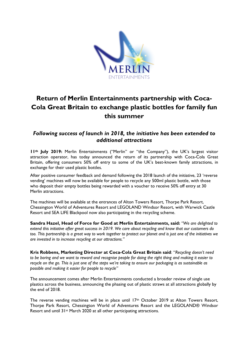 Return of Merlin Entertainments Partnership with Coca- Cola Great Britain to Exchange Plastic Bottles for Family Fun This Summer