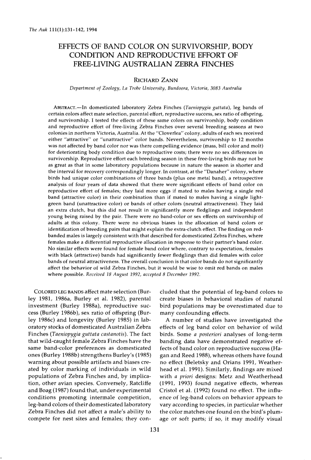 Effects of Band Color on Survivorship, Body Condition and Reproductive Effort of Free-Living Australian Zebra Finches