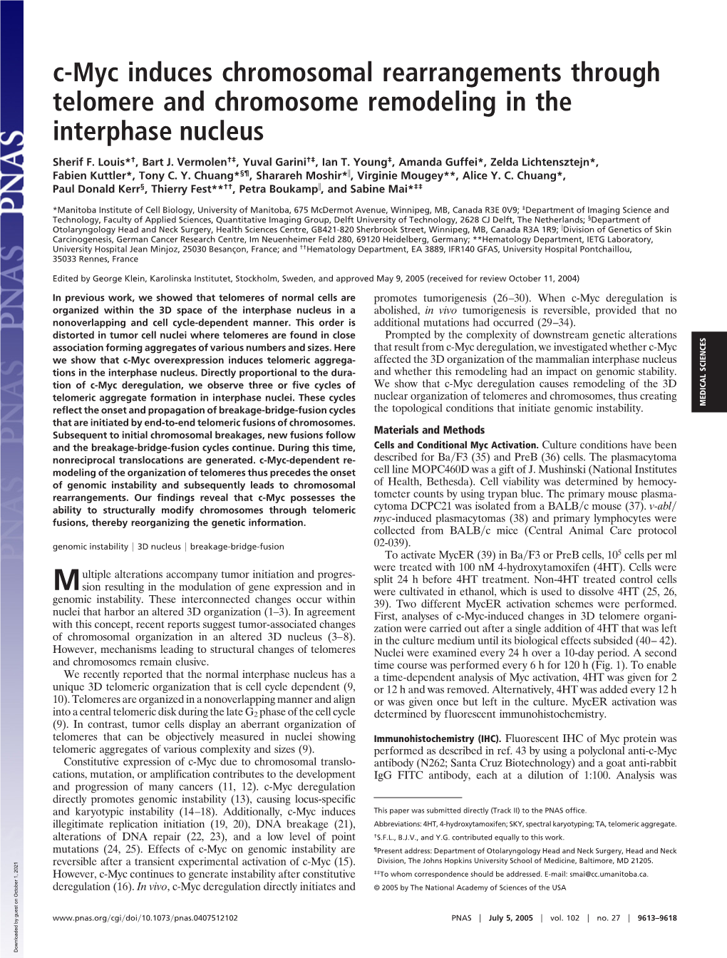 C-Myc Induces Chromosomal Rearrangements Through Telomere and Chromosome Remodeling in the Interphase Nucleus