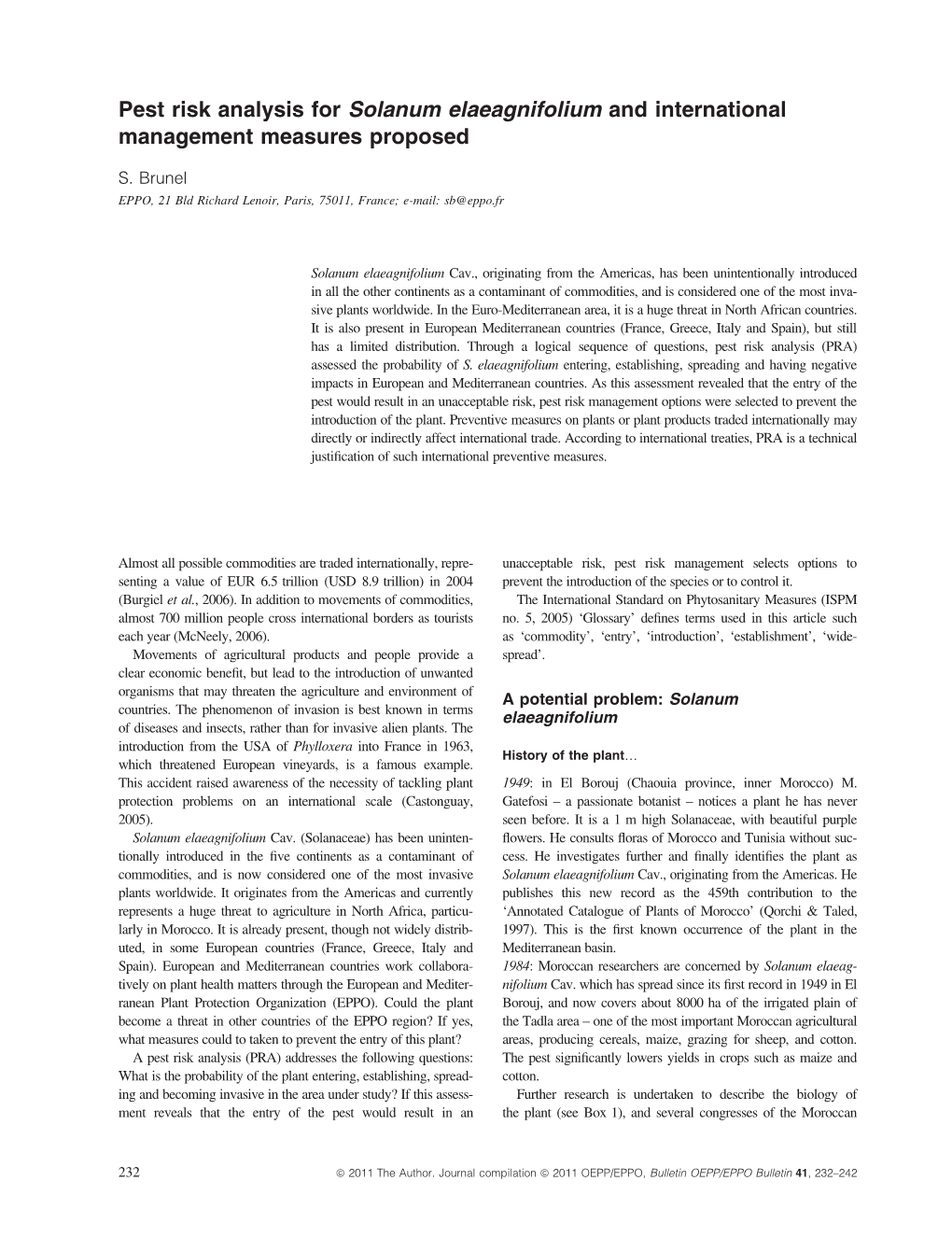 Pest Risk Analysis for Solanum Elaeagnifolium and International Management Measures Proposed