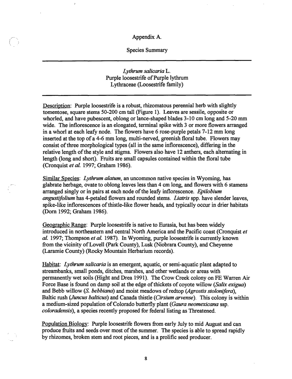 Appendix A. Species Summary Lythrum Salicaria L. Purple