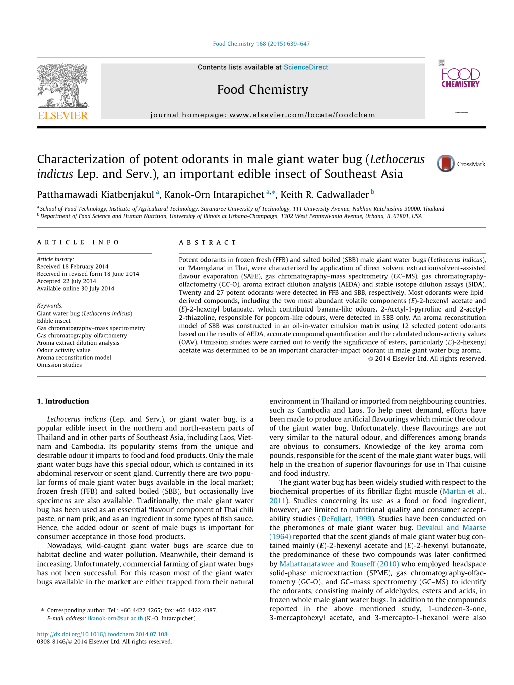 Characterization of Potent Odorants in Male Giant Water Bug (Lethocerus Indicus Lep