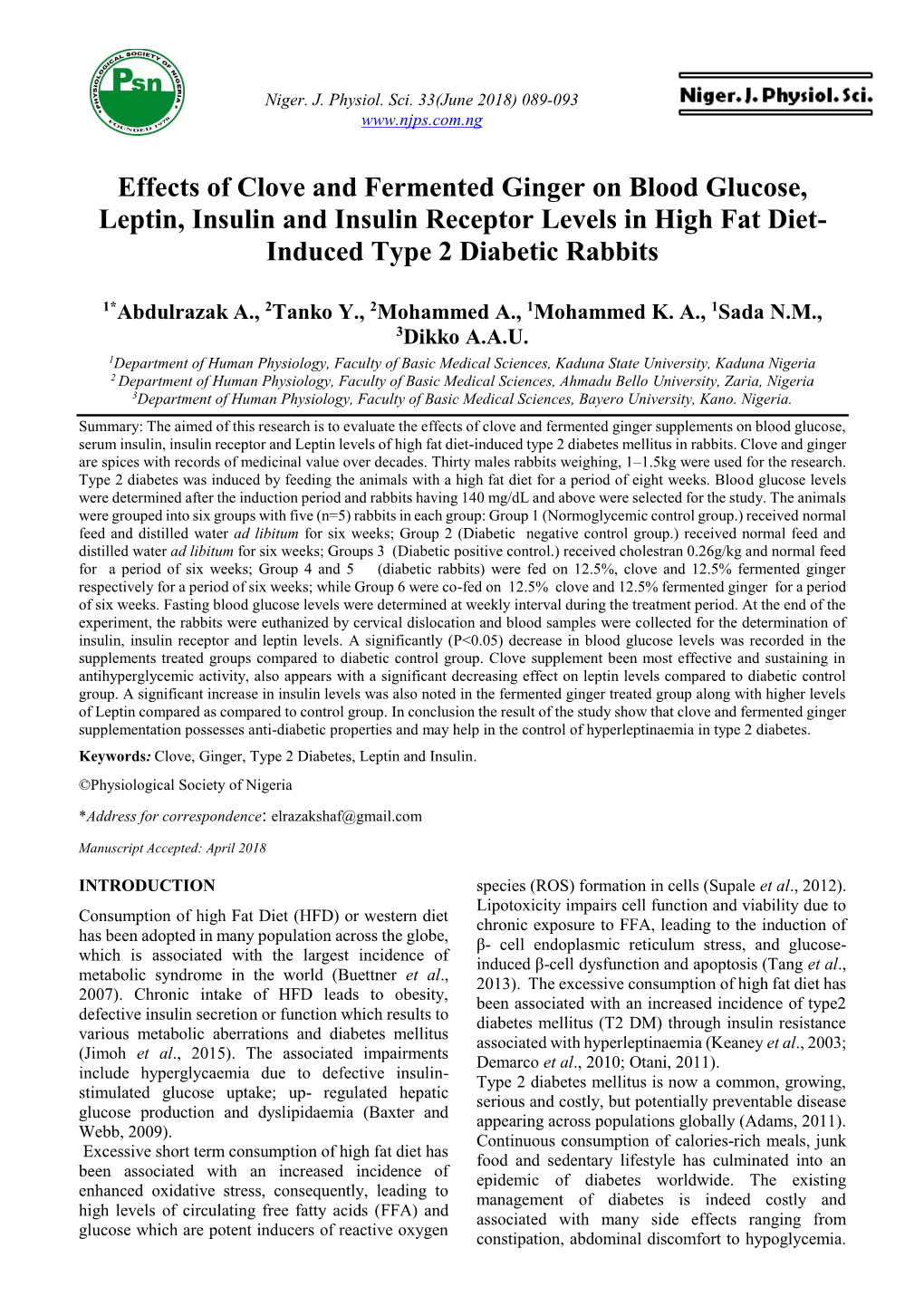 Effects of Clove and Fermented Ginger on Blood Glucose, Leptin, Insulin and Insulin Receptor Levels in High Fat Diet- Induced Type 2 Diabetic Rabbits