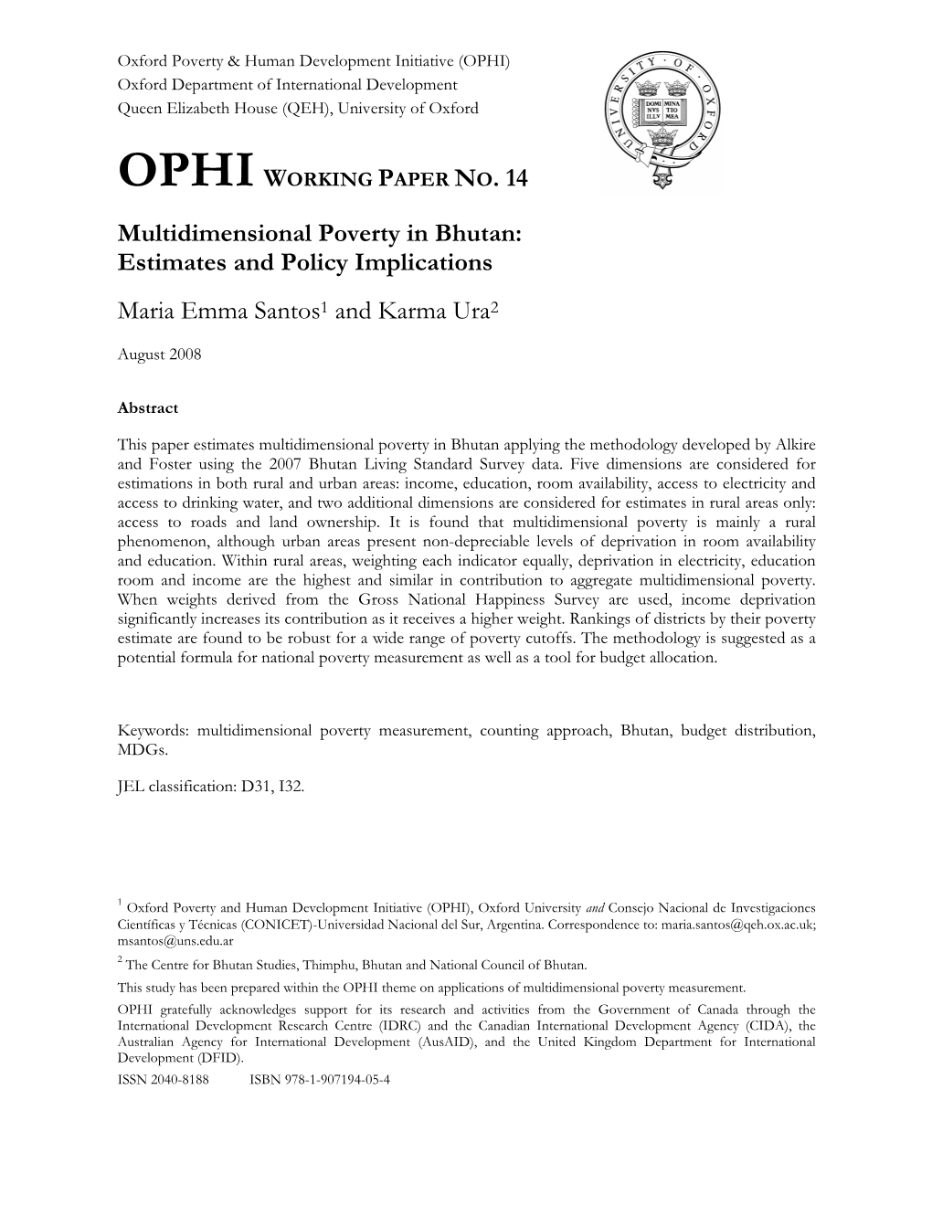 Multidimensional Poverty in Bhutan: Estimates and Policy Implications