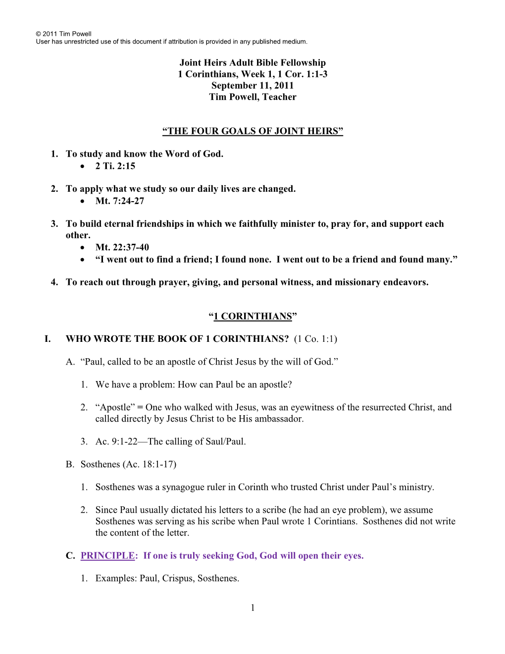 1 Joint Heirs Adult Bible Fellowship 1 Corinthians, Week 1, 1 Cor. 1:1-3