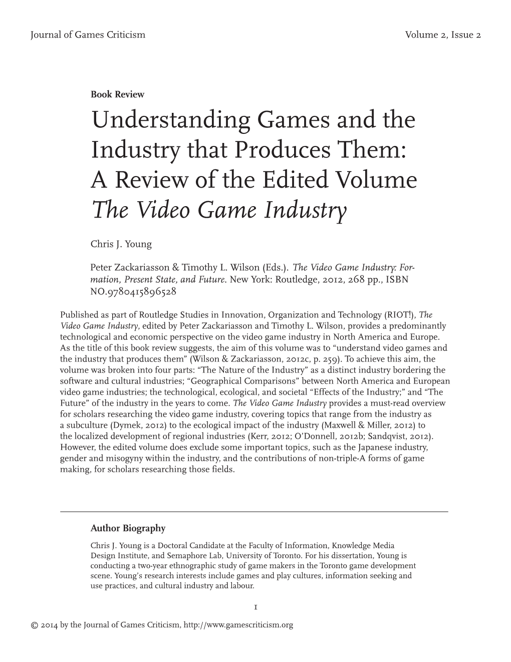 A Review of the Edited Volume the Video Game Industry