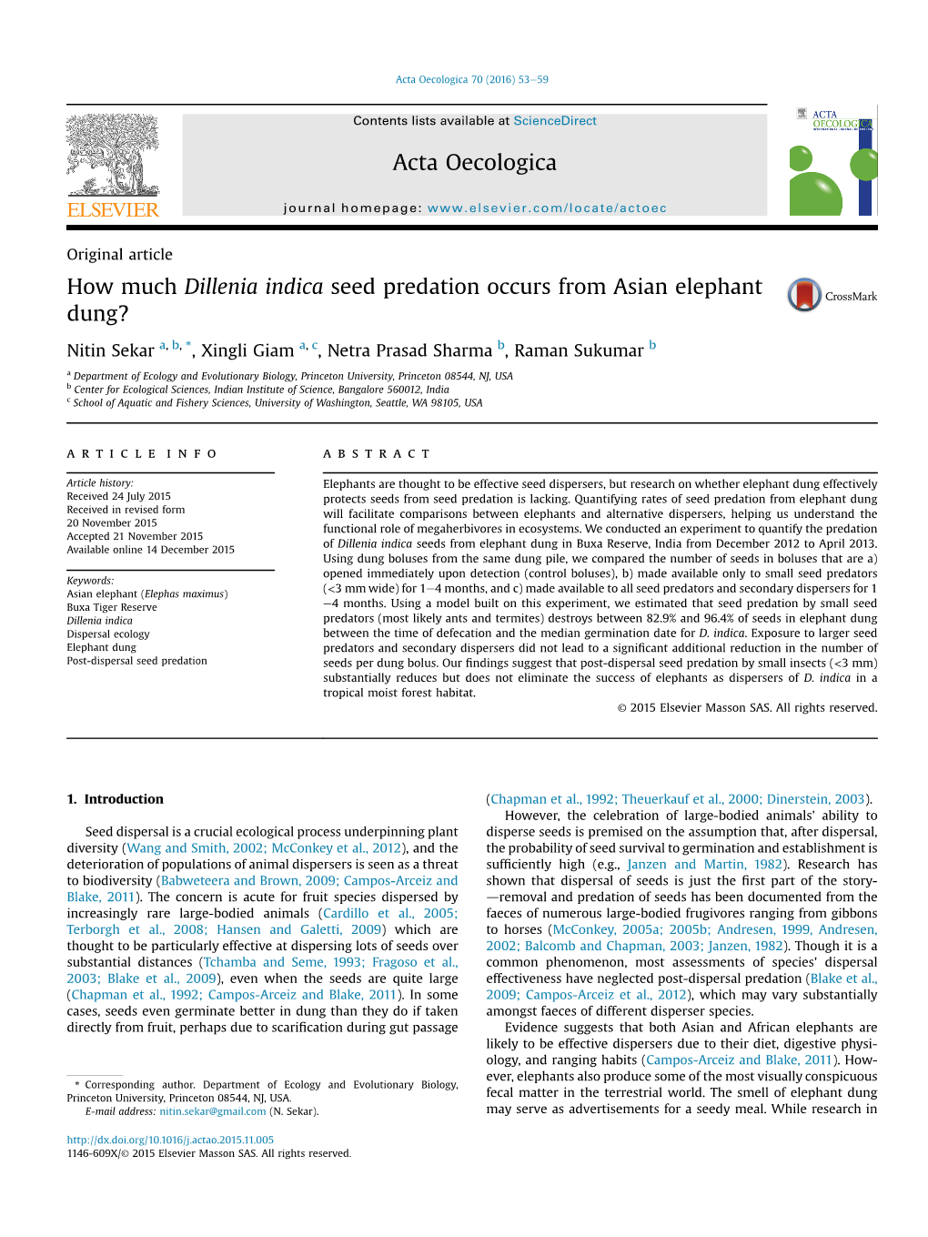 How Much Dillenia Indica Seed Predation Occurs from Asian Elephant Dung?