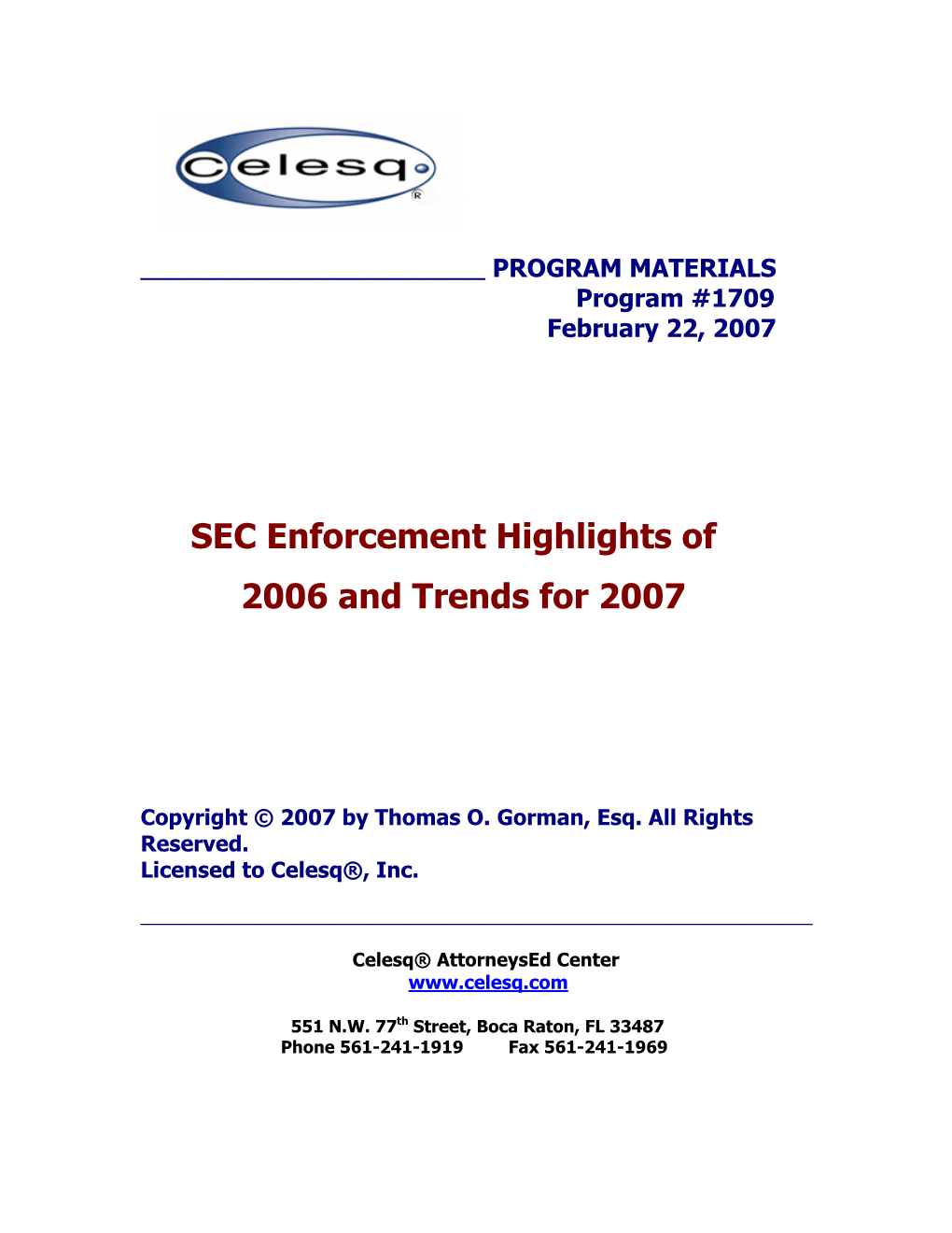 SEC Enforcement Highlights of 2006 and Trends for 2007