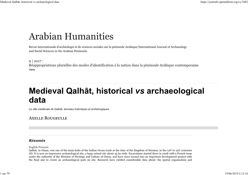 Medieval Qalhä†T, Historical Vs Archaeological Data