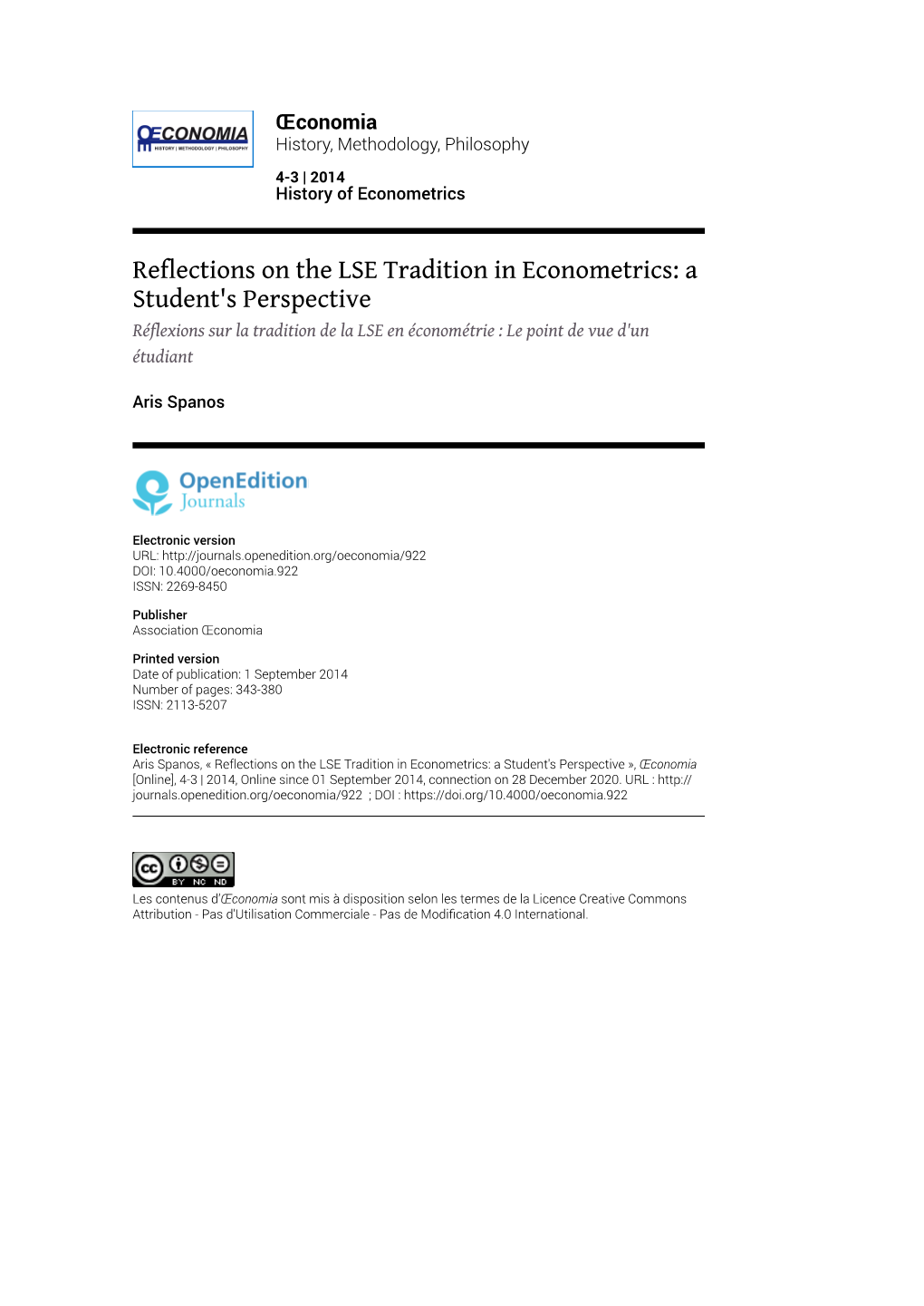 Reflections on the LSE Tradition in Econometrics: a Student's Perspective Réflexions Sur La Tradition De La LSE En Économétrie : Le Point De Vue D'un Étudiant