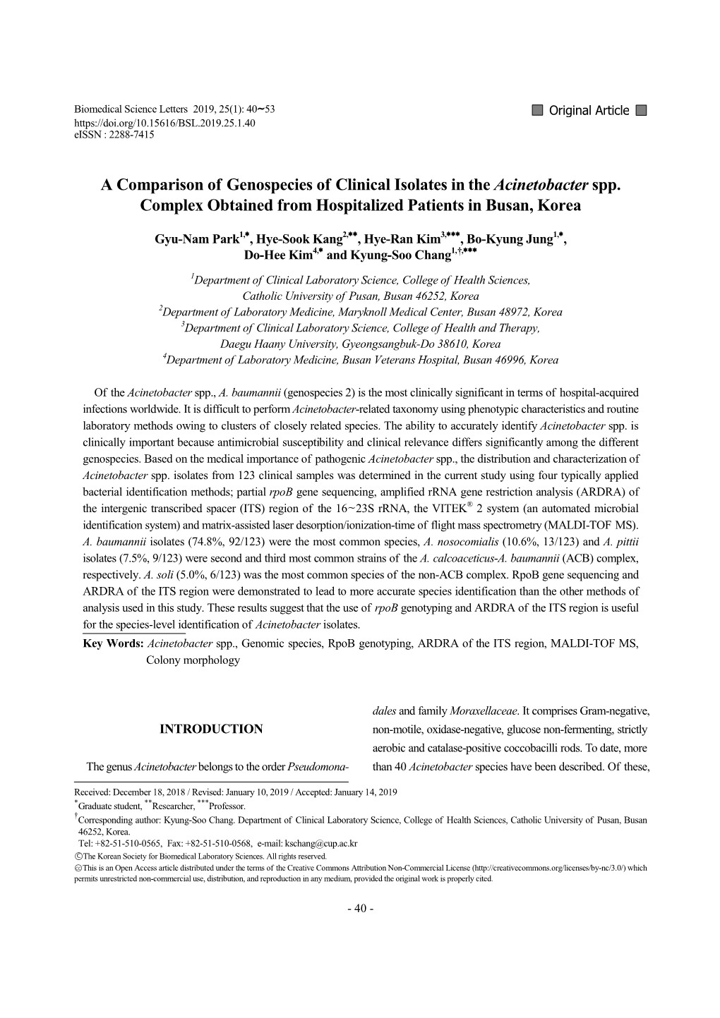 A Comparison of Genospecies of Clinical Isolates in the Acinetobacter Spp. Complex Obtained from Hospitalized Patients in Busan, Korea