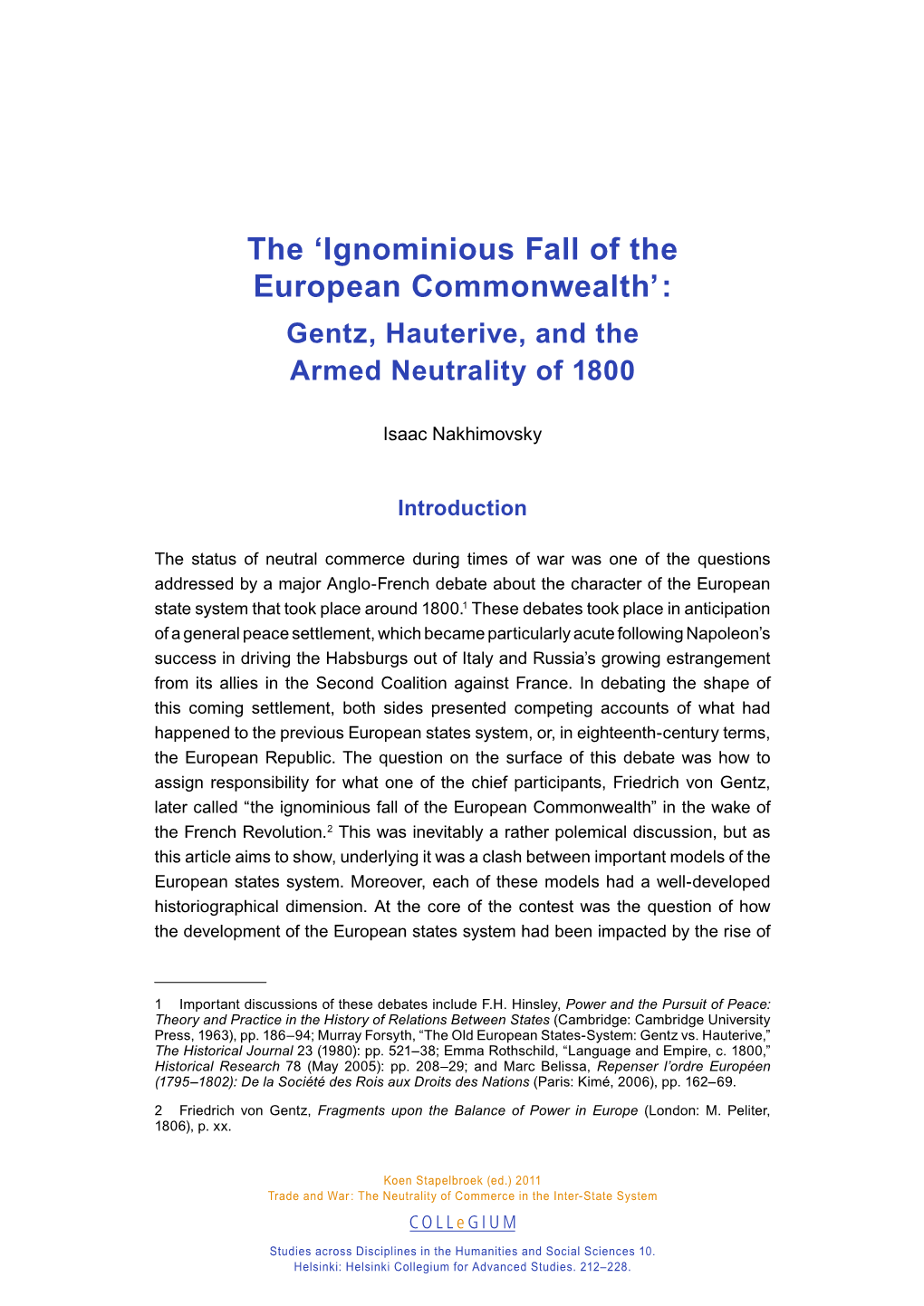 The 'Ignominious Fall of the European Commonwealth': Gentz