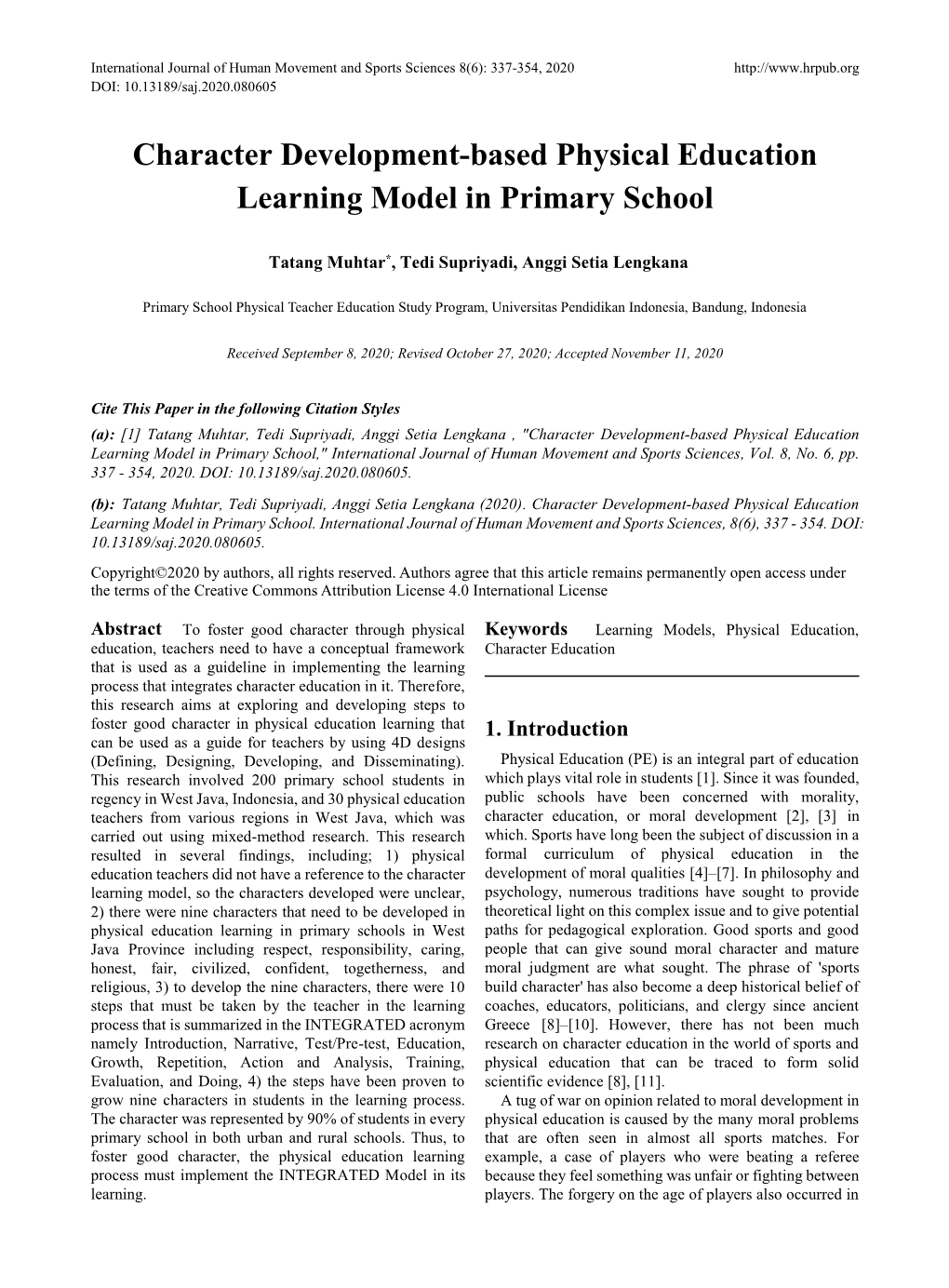 Character Development-Based Physical Education Learning Model in Primary School