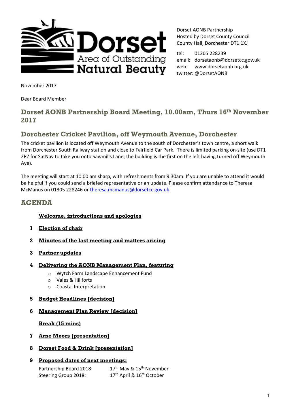 Dorset AONB Partnership Board Meeting, 10.00Am, Thurs 16Th